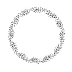 Simple round wreath of leaves and branches. Circle, outline drawing, foliage decoration. Decorative frame, flower border. Vector illustration. Template for scrapbooking, tag, logo, invitation, house