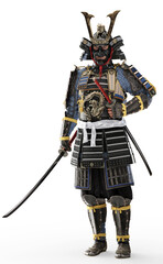 Portrait of a Samurai Japanese warrior wearing traditional armor and wielding a katana on a white background. 3d rendering