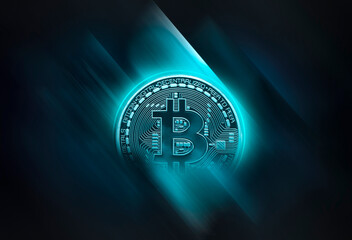 Abstract dark neon background with bitcoin, dynamic lines, lightning. Modern design, cryptocurrency.