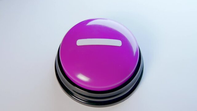 Woman pushing a button with a minus sign, mathematical symbol. Number operations, calculation. Not supporting an opinion, subtract rating of an answer. Disagreement, negative reaction, disapproval.
