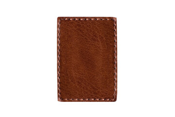 Square brown piece of leather with stitching isolated on white background. Copy space