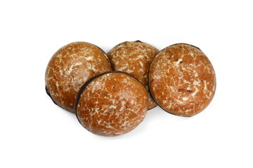 Glazed gingerbread lebkuchens with chocolate isolated on white. German round gingerbread called 'Lebkuchen' 