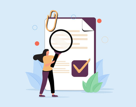 Woan holding magnifying glass and examining document. Concept of business analysis, audit, professional check.