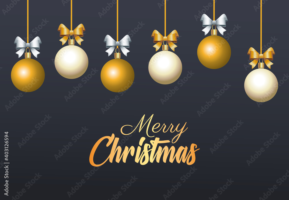 Canvas Prints happy merry christmas golden lettering with balls hanging