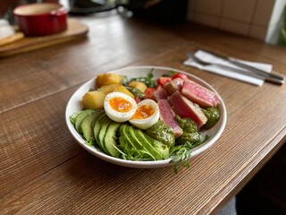 salad with raw tuna, egg and avocado