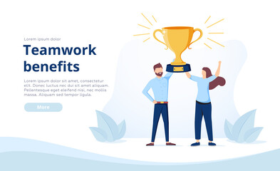 Landing page template with man and woman holding golden winner's cup or prize together. Concept of benefits of teamwork.
