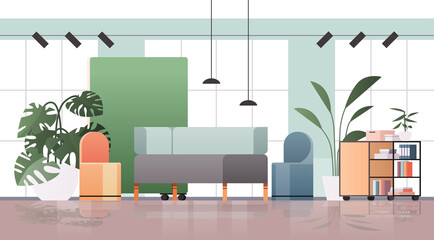 empty coworking center modern office room interior creative open space with furniture horizontal vector illustration