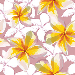Fototapeta na wymiar Seamless pattern pink Frangipani flowers on abstract background.Watercolor Drawing Vector illustration.