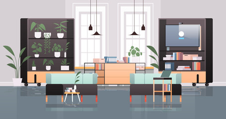 empty coworking center with tv screen modern office room interior open space with furniture horizontal vector illustration