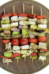 Chicken kebab with vegetable and cheese isolated on white background