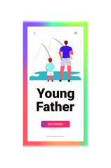 young father and son fishing with rods on lake parenting fatherhood concept dad spending time with kid vertical full length copy space vector illustration