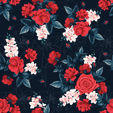Seamless pattern floral beautiful red Rose, pink orchid and Lilly flowers abstract background.Vector illustration hand drawing line art.