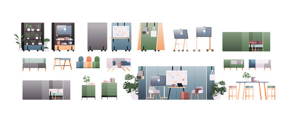 set office interior furniture different cabinet elements collection horizontal flat vector illustration