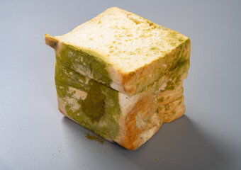 side view moldy bread on grey background
