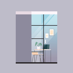 empty coworking center modern office room interior open space with furniture behind glass window vector illustration