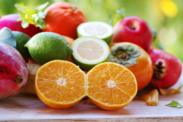 Fototapeta na wymiar ripe mangoes, limes and sliced citric fruits.