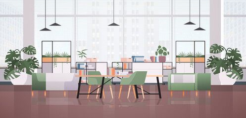 empty coworking center modern office room interior creative open space with furniture horizontal vector illustration
