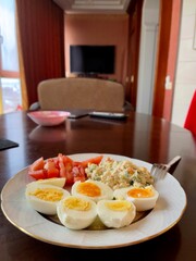 morning breakfast with boiled eggs and salad