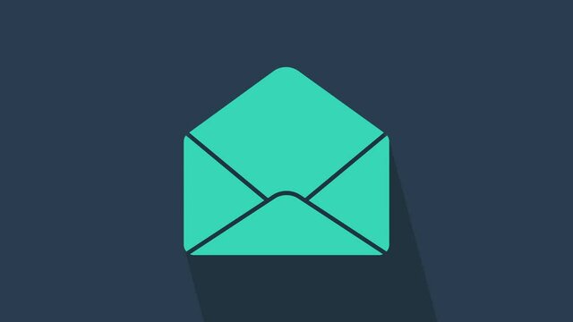 Turquoise Envelope icon isolated on blue background. Email message letter symbol. 4K Video motion graphic animation.