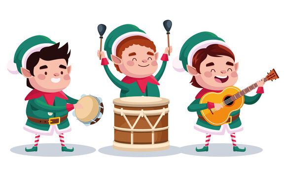 group of santa helpers playing instruments characters