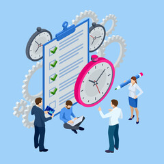 Isometric time management, quick reaction awakening and planning and strategy concept. Time management tool to organize work, office