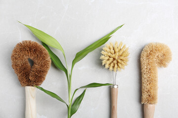 Cleaning brushes for dish washing and plant on grey table, flat lay