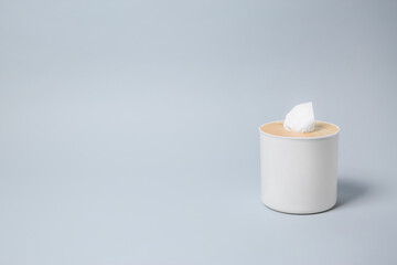 Holder with paper tissues on light grey background. Space for text