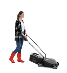 Young woman with modern lawn mower on white background