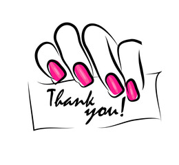 Woman's hand holds a sign. Thank you. Vector illustration