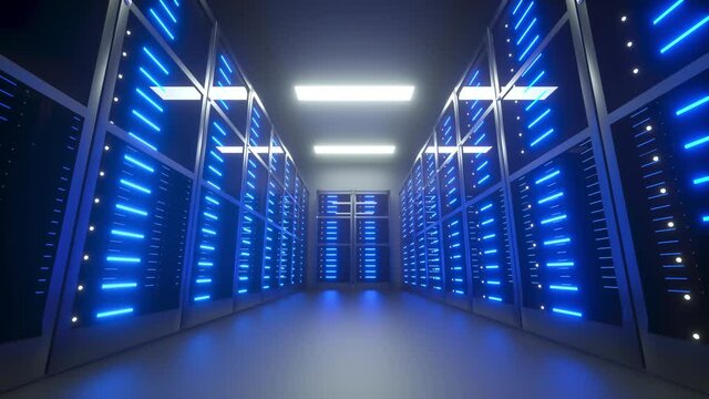 Datacenter server room walkthrough animation, 3d render 4k