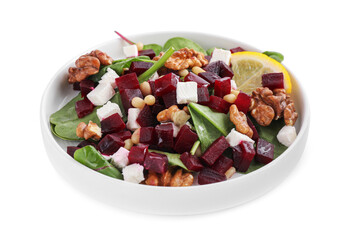 Delicious beet salad with feta cheese and walnuts in bowl isolated on white