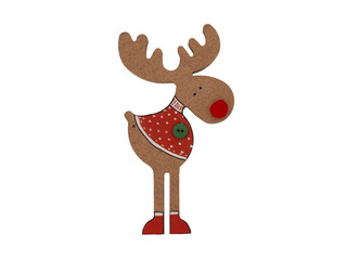 Traditional Christmas deer. Handmade pressed wood figurine in a red sweater with hearts. Handmade on a white background.