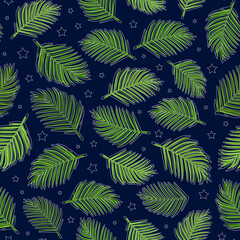 Tropical palm leaves and stars with white outline and green color, over dark blue background, vector illustration, seamless pattern.
