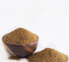 Canola milling meal powder on white background 