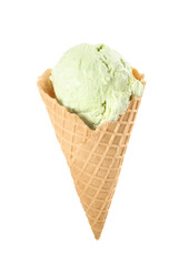 Delicious ice cream in waffle cone isolated on white
