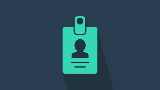 Turquoise Identification badge icon isolated on blue background. It can be used for presentation, identity of the company, advertising. 4K Video motion graphic animation.