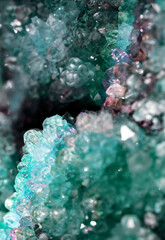 Beautiful blue mystic crystal magic Rhinestone gem stone. Iridescent natural geometric crystals.