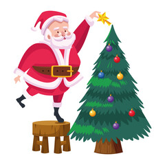 cute santa claus decorating christmas tree character