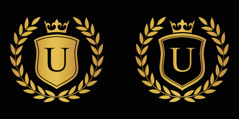  Letter U golden laurel wreath template logo Luxury shield letter with crown. Monogram alphabet . Beautiful royal initials letter.