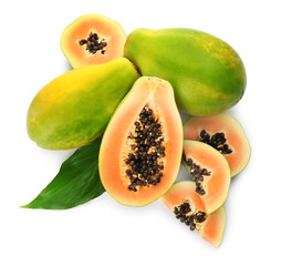 Fresh ripe papaya fruits with green leaf on white background, top view