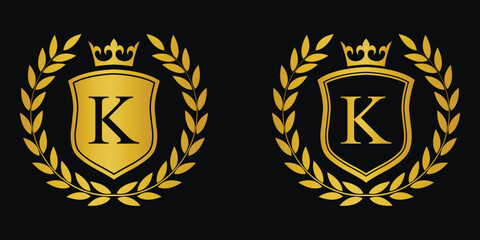  Letter K golden laurel wreath template logo Luxury shield letter with crown. Monogram alphabet . Beautiful royal initials letter.