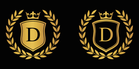  Letter D golden laurel wreath template logo Luxury shield letter with crown. Monogram alphabet . Beautiful royal initials letter.