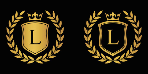 Obraz premium Letter L golden laurel wreath template logo Luxury shield letter with crown. Monogram alphabet . Beautiful royal initials letter.