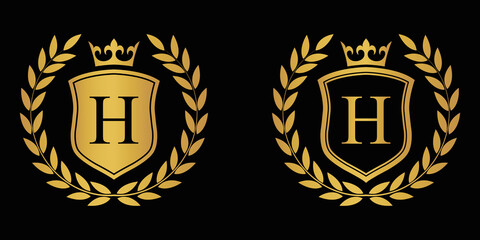 Obraz premium Letter H golden laurel wreath template logo Luxury shield letter with crown. Monogram alphabet . Beautiful royal initials letter.