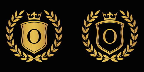  Letter O golden laurel wreath template logo Luxury shield letter with crown. Monogram alphabet . Beautiful royal initials letter.