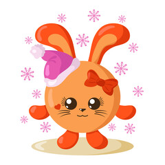 Funny cute kawaii hare or rabbit with Christmas hat and round body surroundet by snowflakes in flat design with shadows. Isolated winter holiday vector illustration	