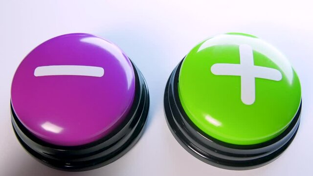 Choosing between Plus or Minus buttons, mathematical symbols. Number operations of addition and subtraction, calculation. Ads, promotion, negative or positive review, feedback. Woman making decision.