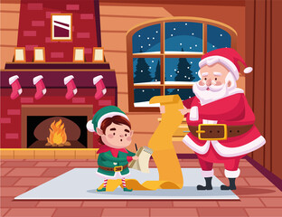 cute santa claus and helper reading gifts list scene