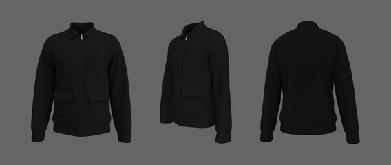 Harrington jacket mockup front, side and back views, 3d illustration, 3d rendering