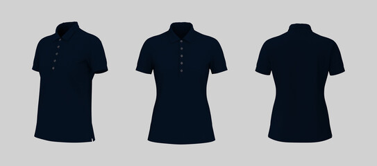 Blank collared shirt mockup, front, side and back views, tee design presentation for print, 3d rendering, 3d illustration